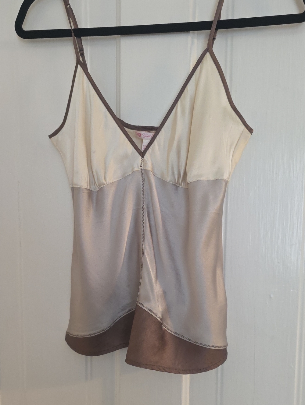 Two-Tone Satin Camisole Top - Cream & Taupe Trim